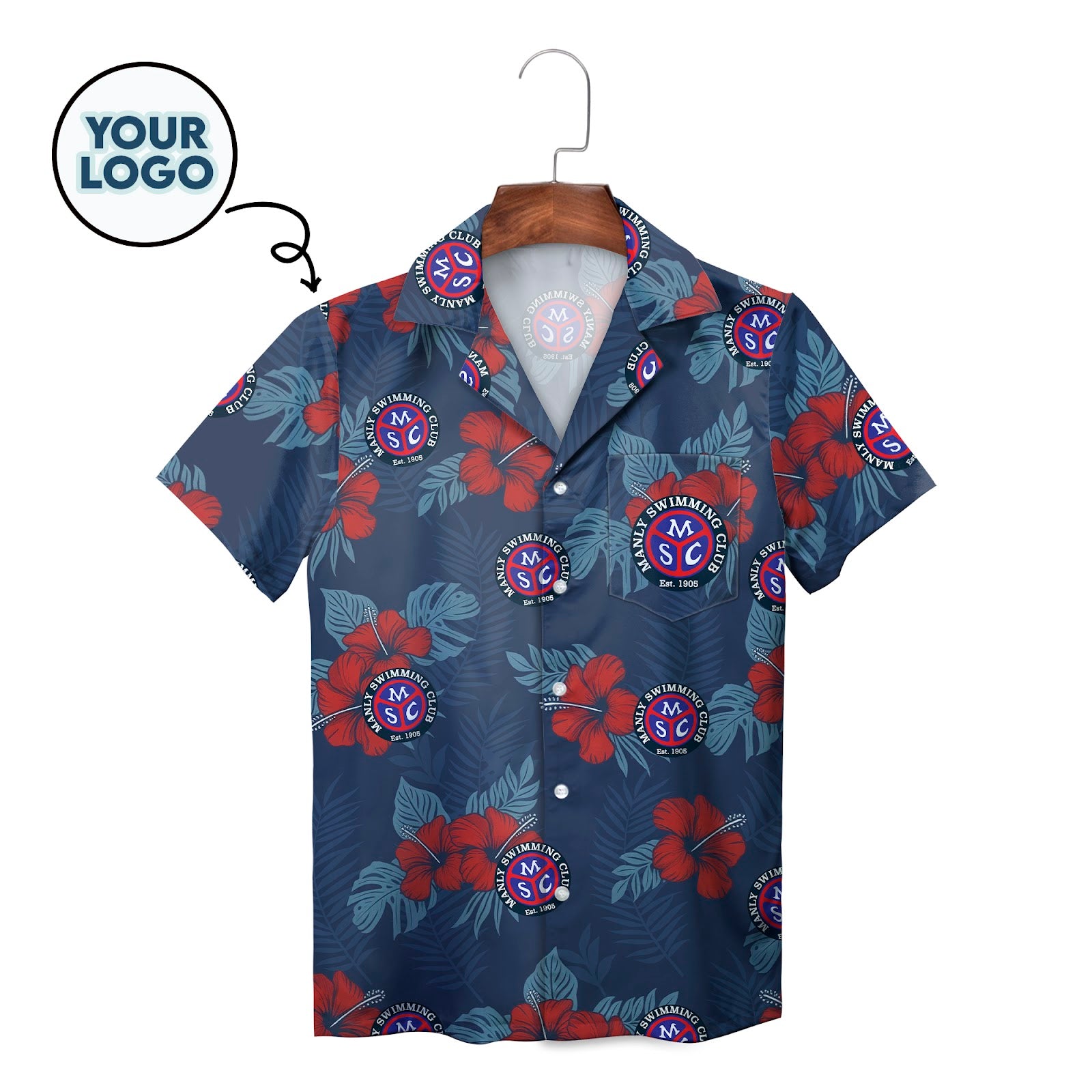 Navy Hawaiian shirt with red hibiscus flowers and custom logo