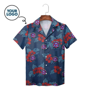 Navy Hawaiian shirt with red hibiscus flowers and custom logo