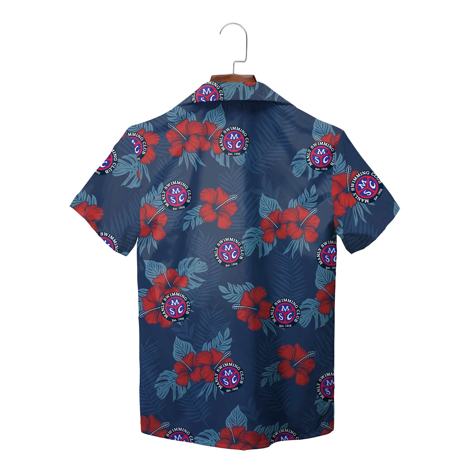 Navy Hawaiian shirt with red hibiscus flowers and custom logo variant 2