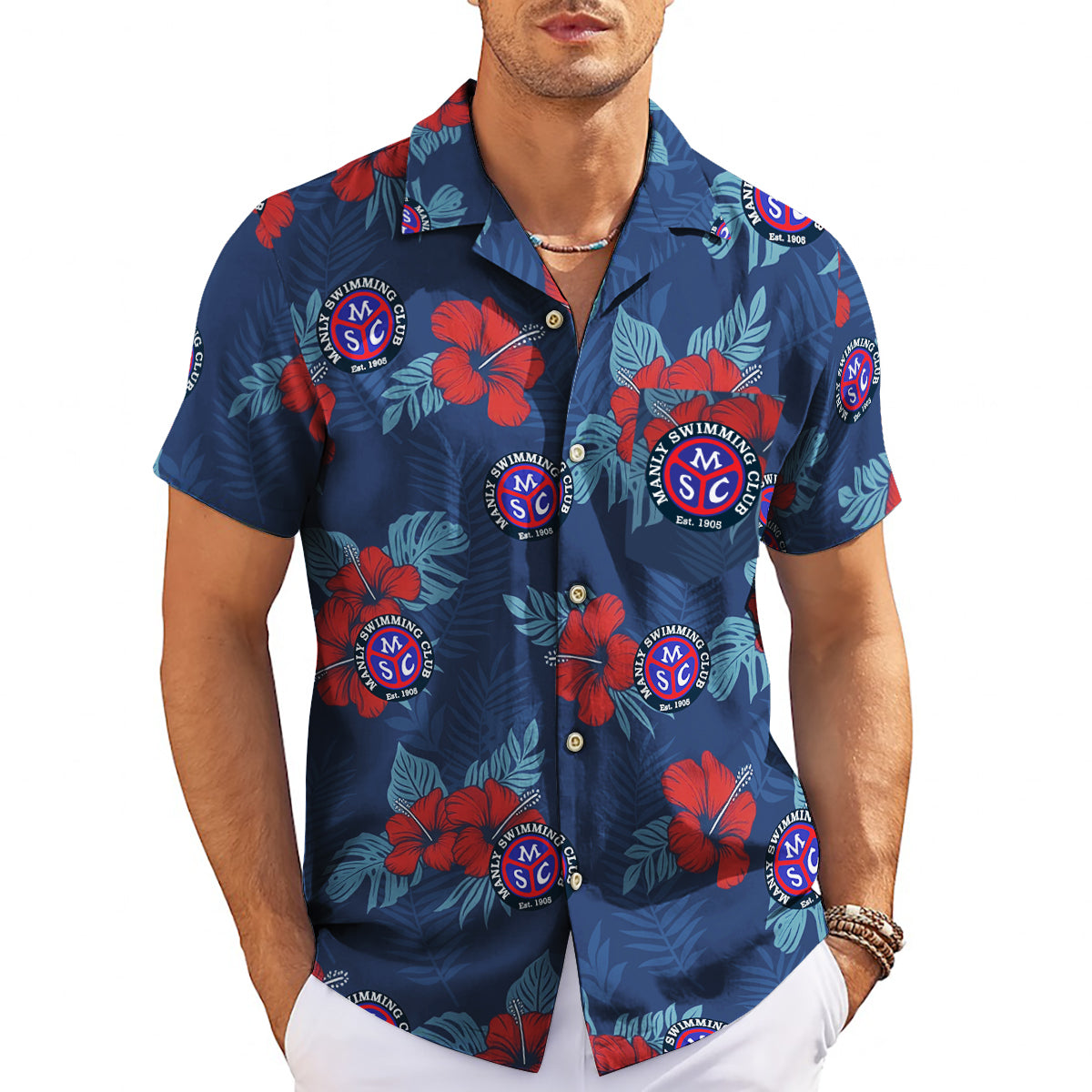 Navy Hawaiian shirt with red hibiscus flowers and custom logo variant 3