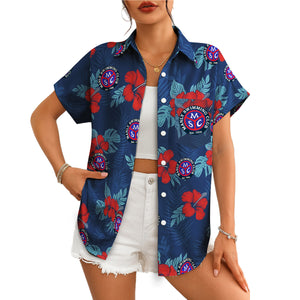 Navy Hawaiian shirt with red hibiscus flowers and custom logo variant 4