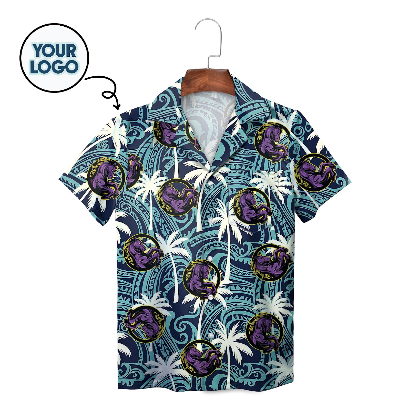 Navy Polynesian tribal print Hawaiian shirt with custom logo