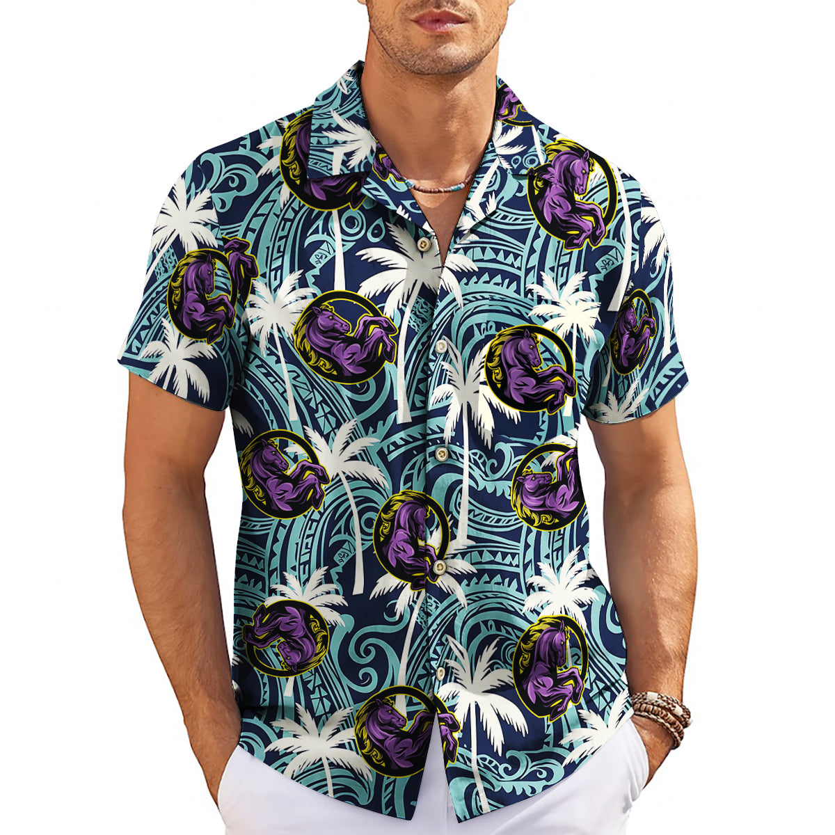 Navy Polynesian tribal print Hawaiian shirt with custom logo variant 3
