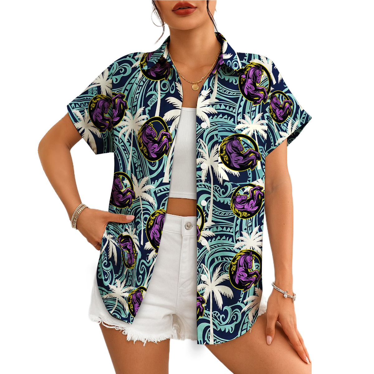 Navy Polynesian tribal print Hawaiian shirt with custom logo variant 4