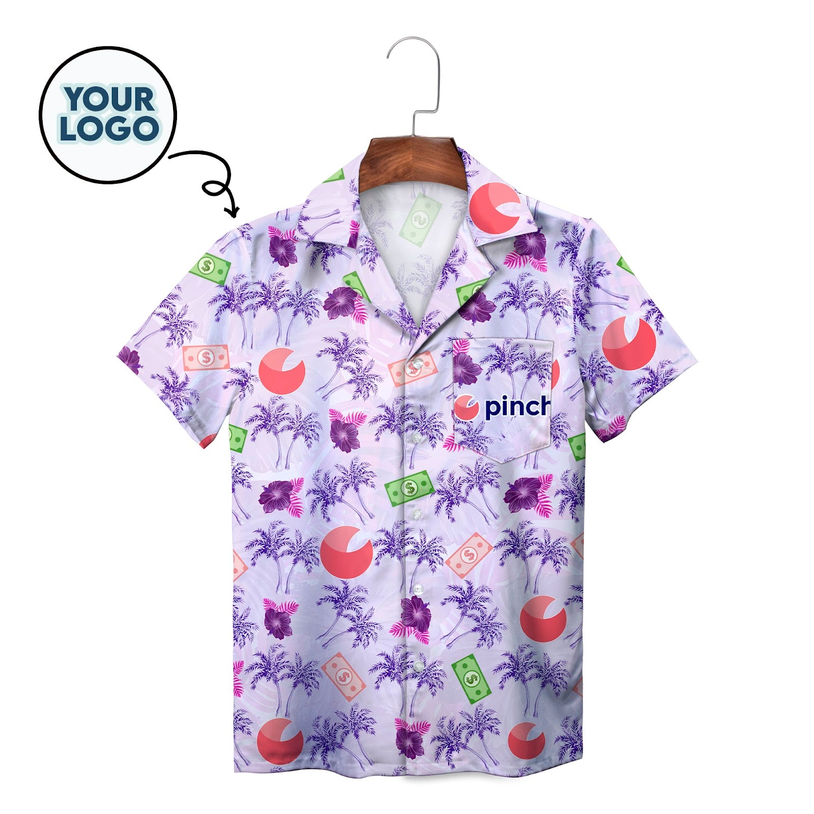Lavender Hawaiian shirt with purple palms dollar bills logo