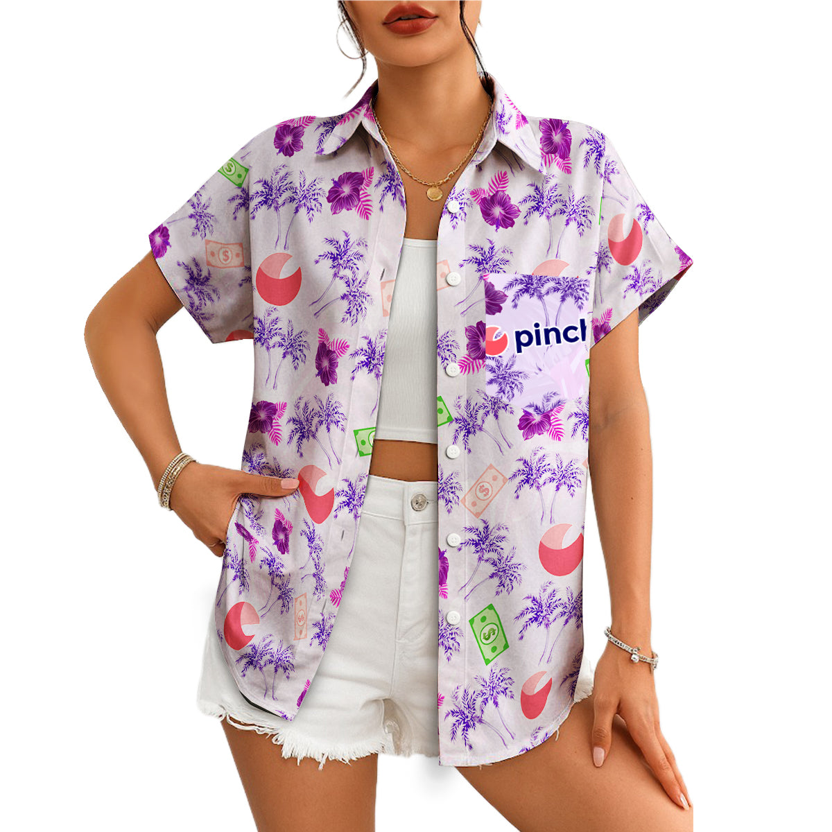 Lavender Hawaiian shirt with purple palms dollar bills logo variant 4