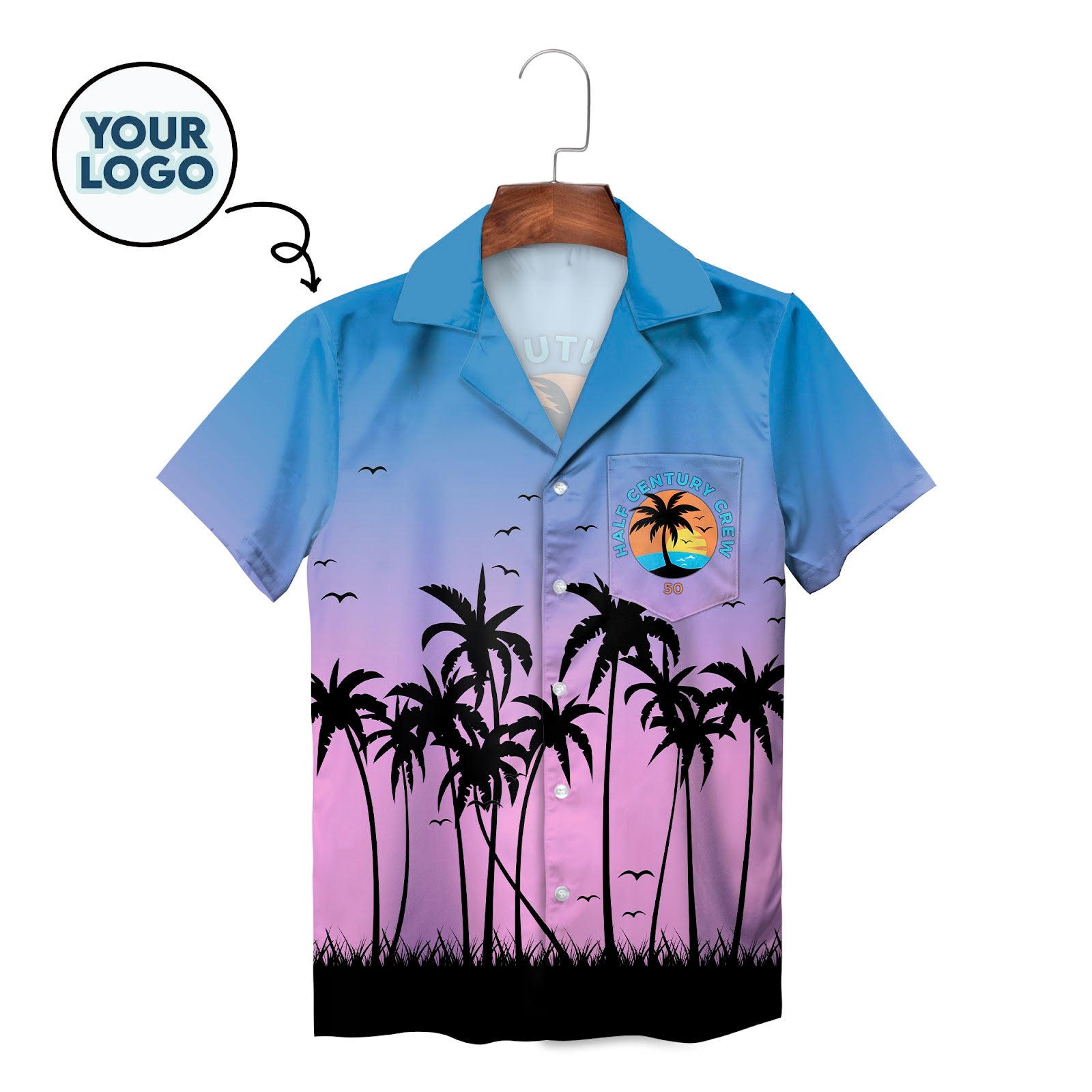 Blue violet gradient Hawaiian shirt black palm trees custom logo