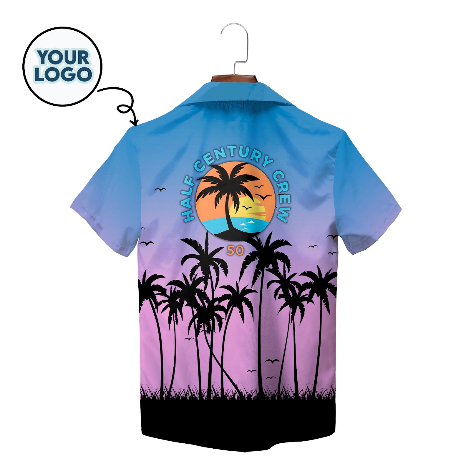 Blue violet gradient Hawaiian shirt black palm trees custom logo variant 2