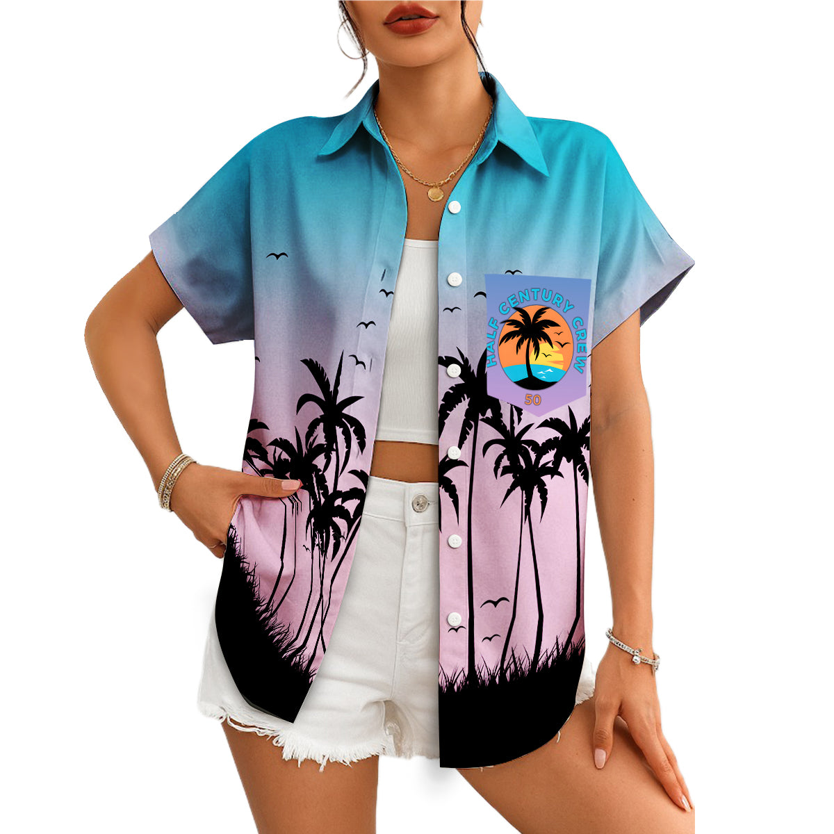 Blue violet gradient Hawaiian shirt black palm trees custom logo variant 4