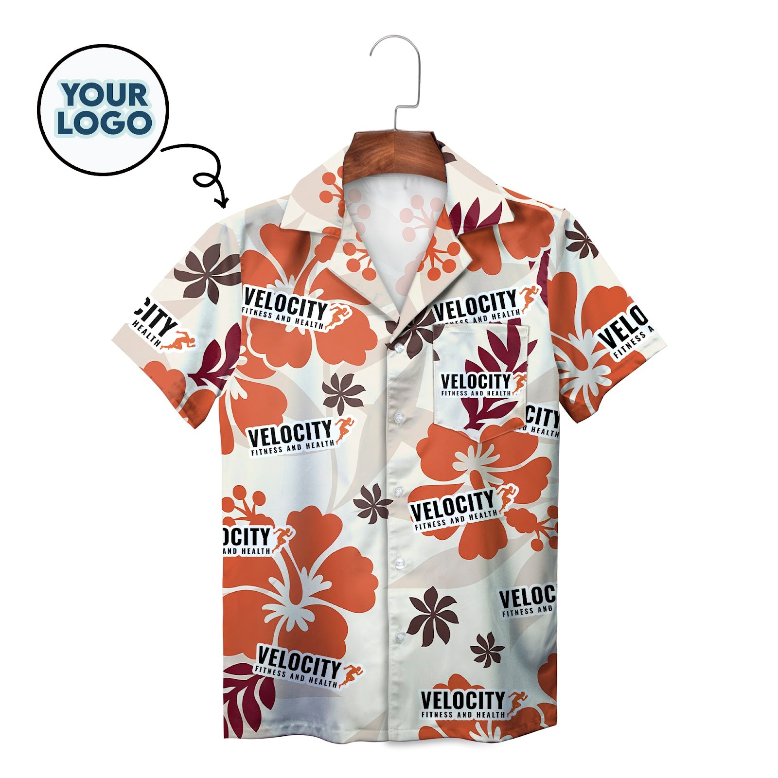 Personalised terracotta floral Hawaiian shirt with company logo