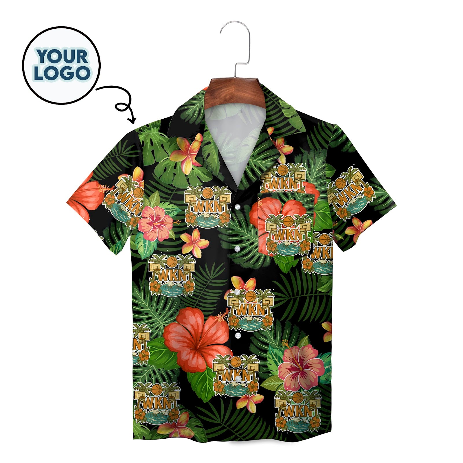 Black Hawaiian shirt with hibiscus monstera print custom logo
