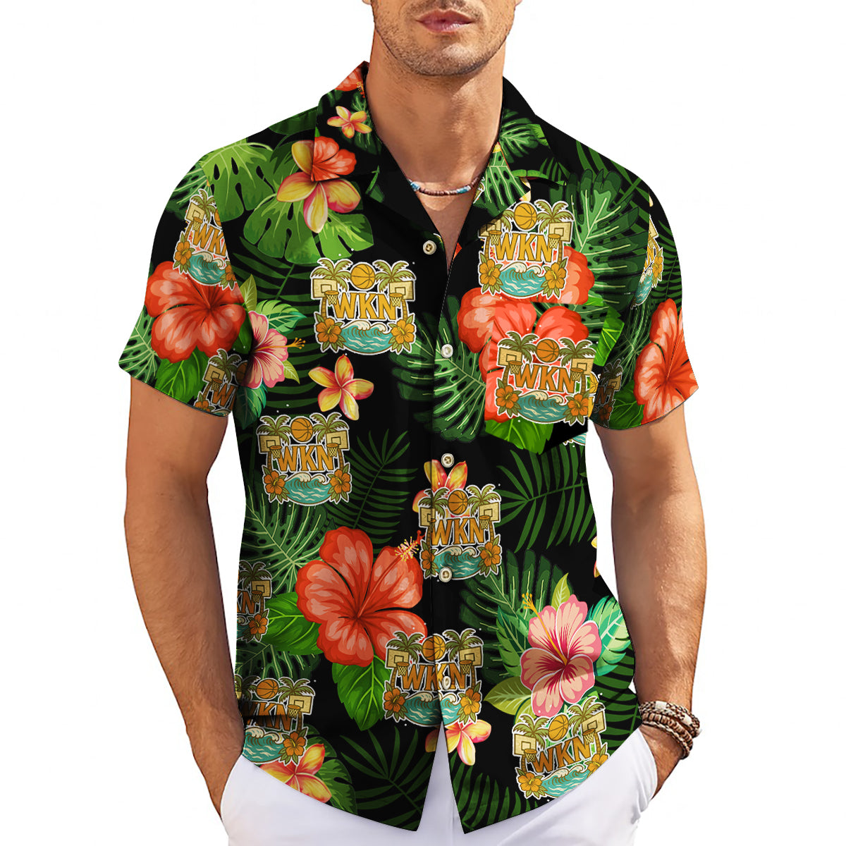 Black Hawaiian shirt with hibiscus monstera print custom logo variant 3