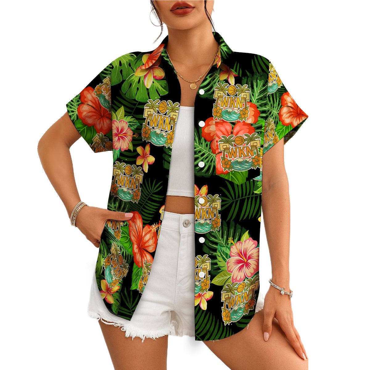 Black Hawaiian shirt with hibiscus monstera print custom logo variant 4