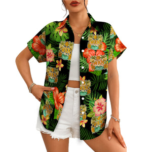 Black Hawaiian shirt with hibiscus monstera print custom logo variant 4