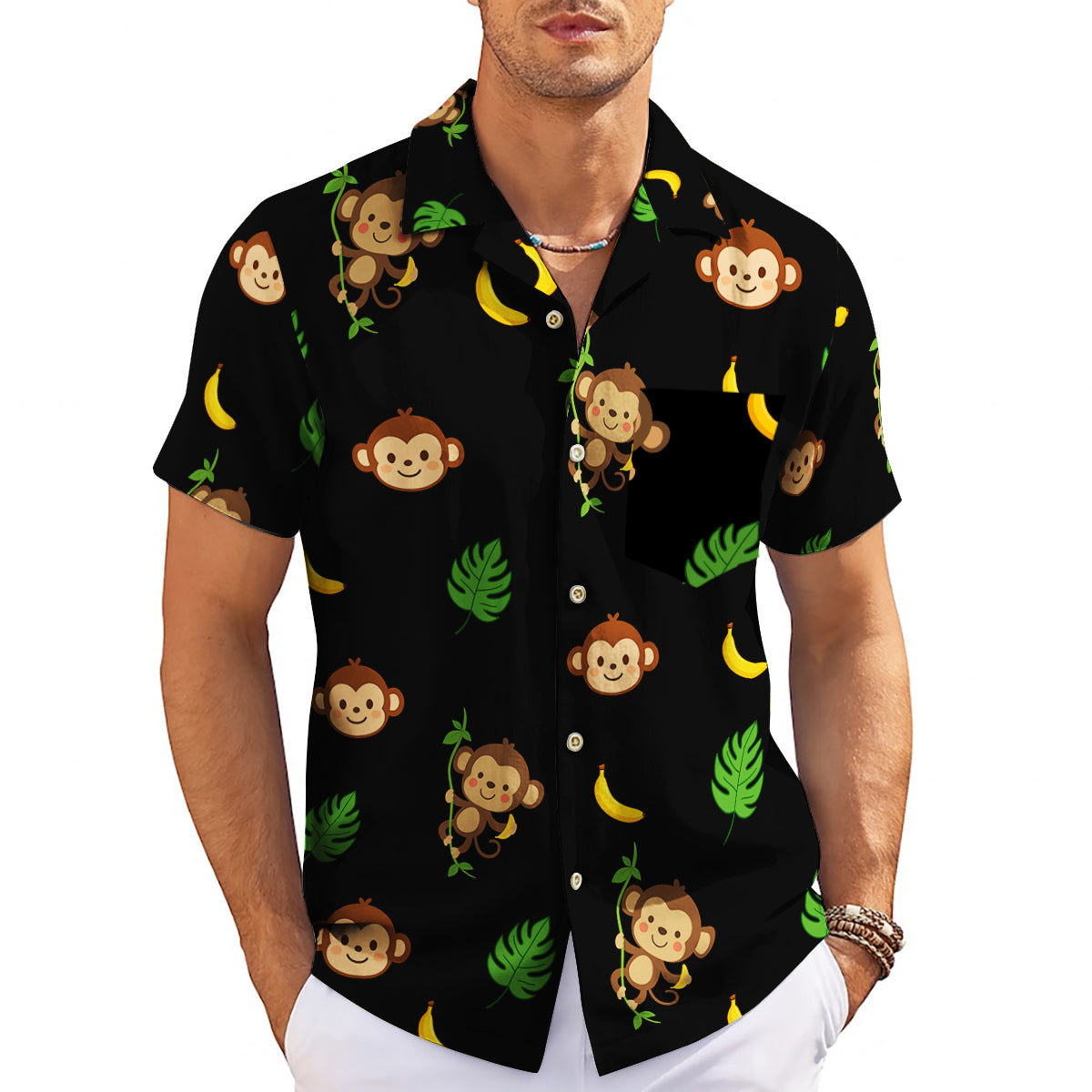 Black Hawaiian shirt with cartoon monkeys bananas green leaves variant 3