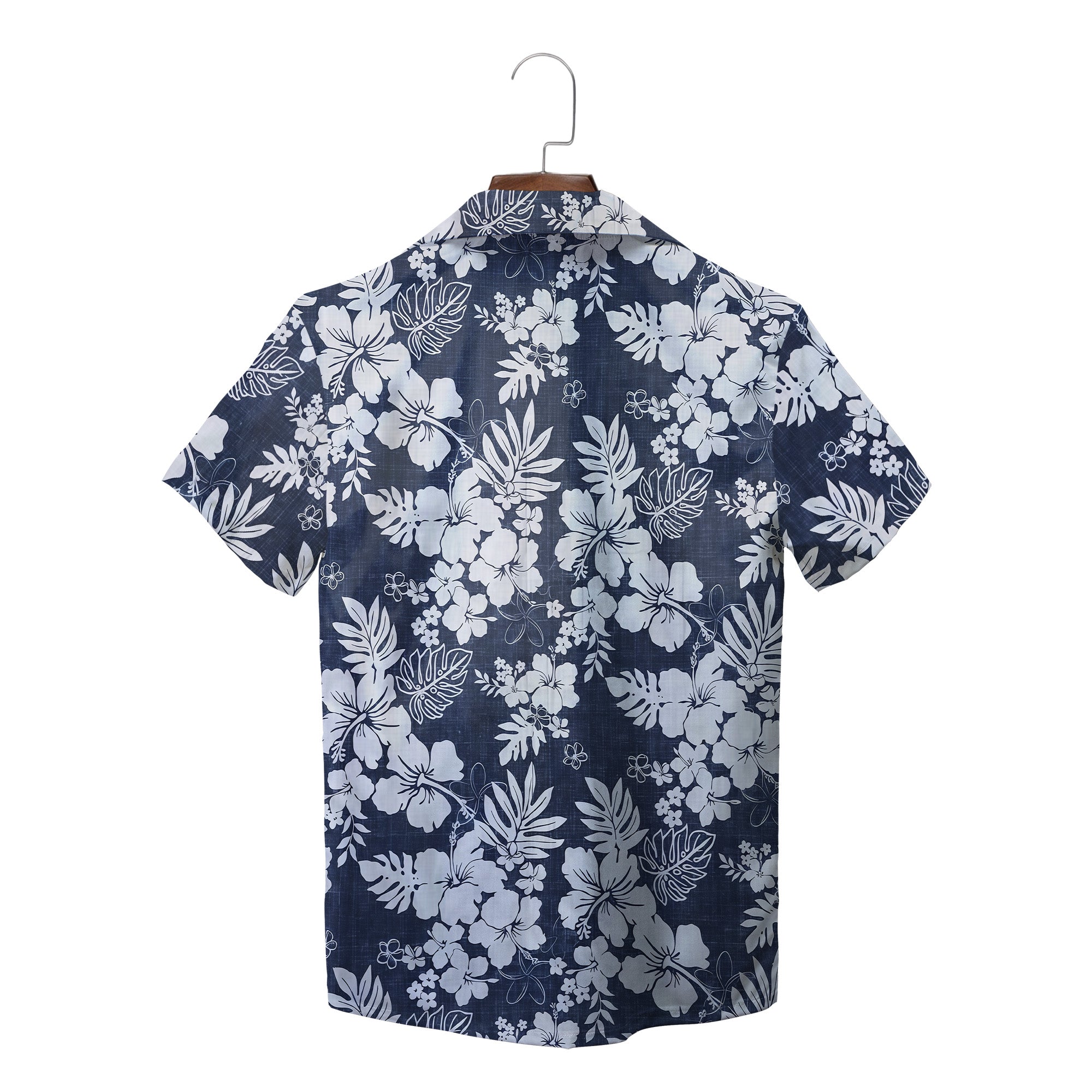 Indigo tropical shirt showing white hibiscus monstera leaves variant 2