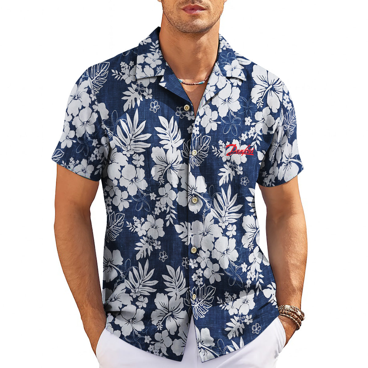 Indigo tropical shirt showing white hibiscus monstera leaves variant 3