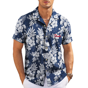Indigo tropical shirt showing white hibiscus monstera leaves variant 3