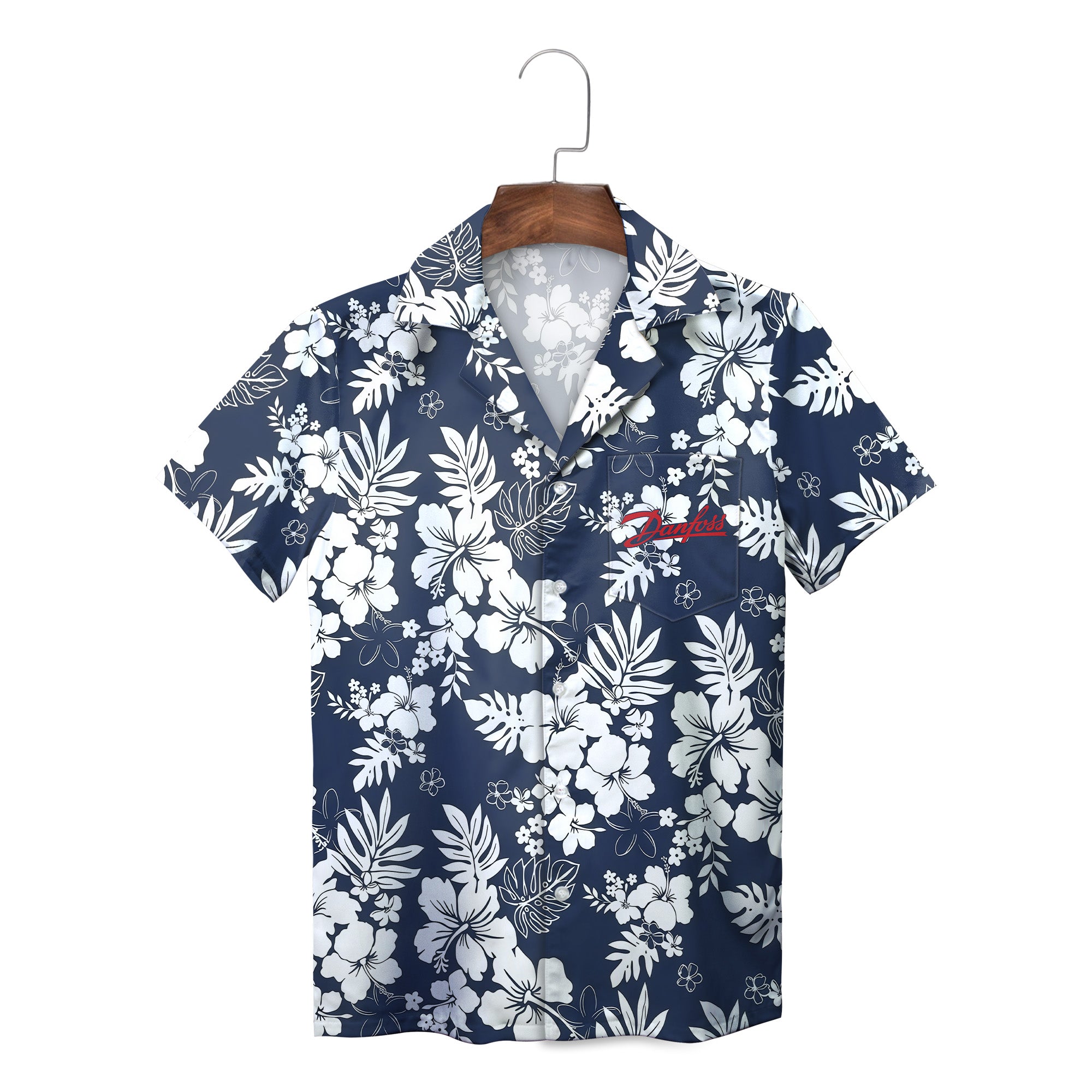 Navy blue Danfoss Hawaiian shirt white hibiscus pattern