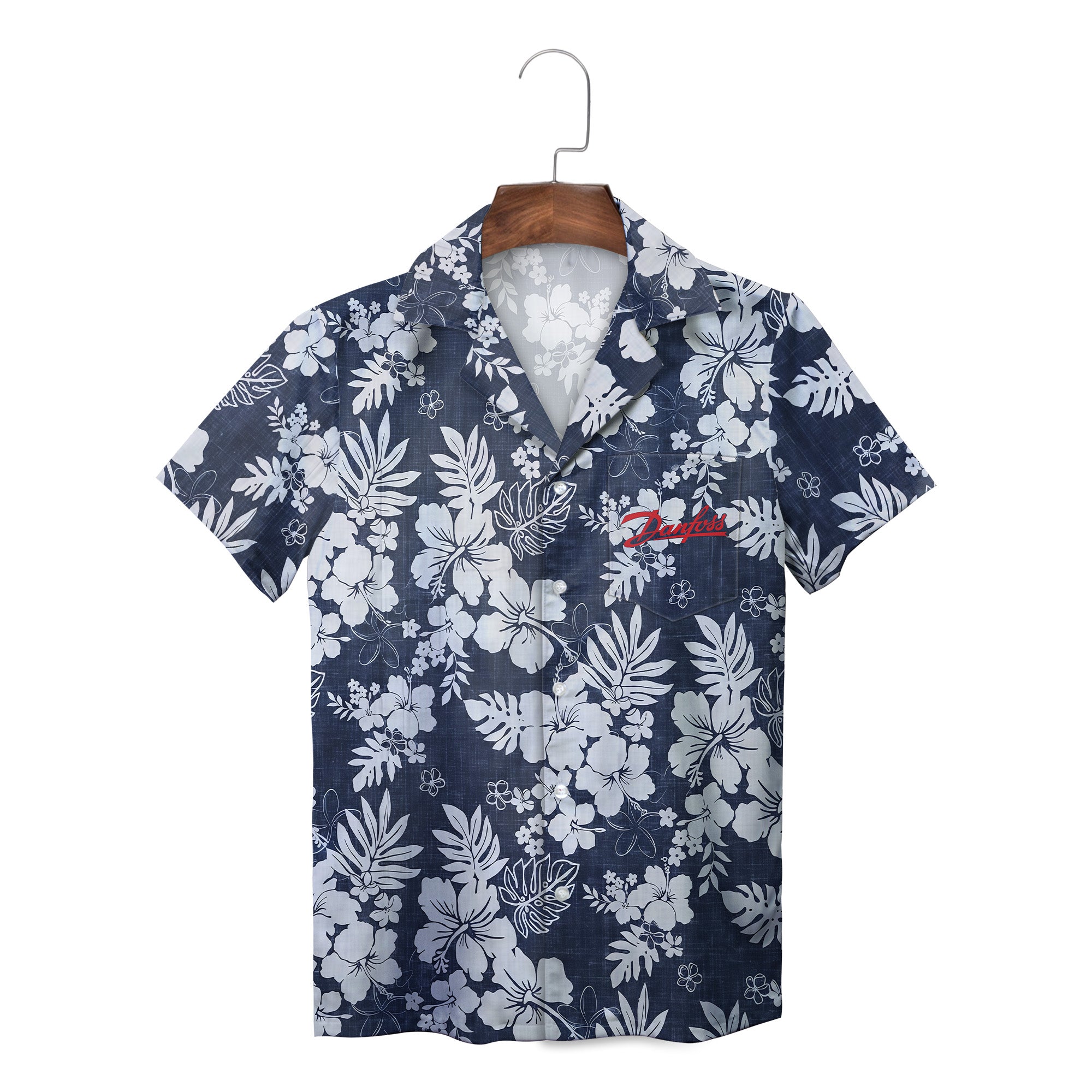 Navy blue Danfoss Hawaiian shirt white hibiscus pattern variant 2