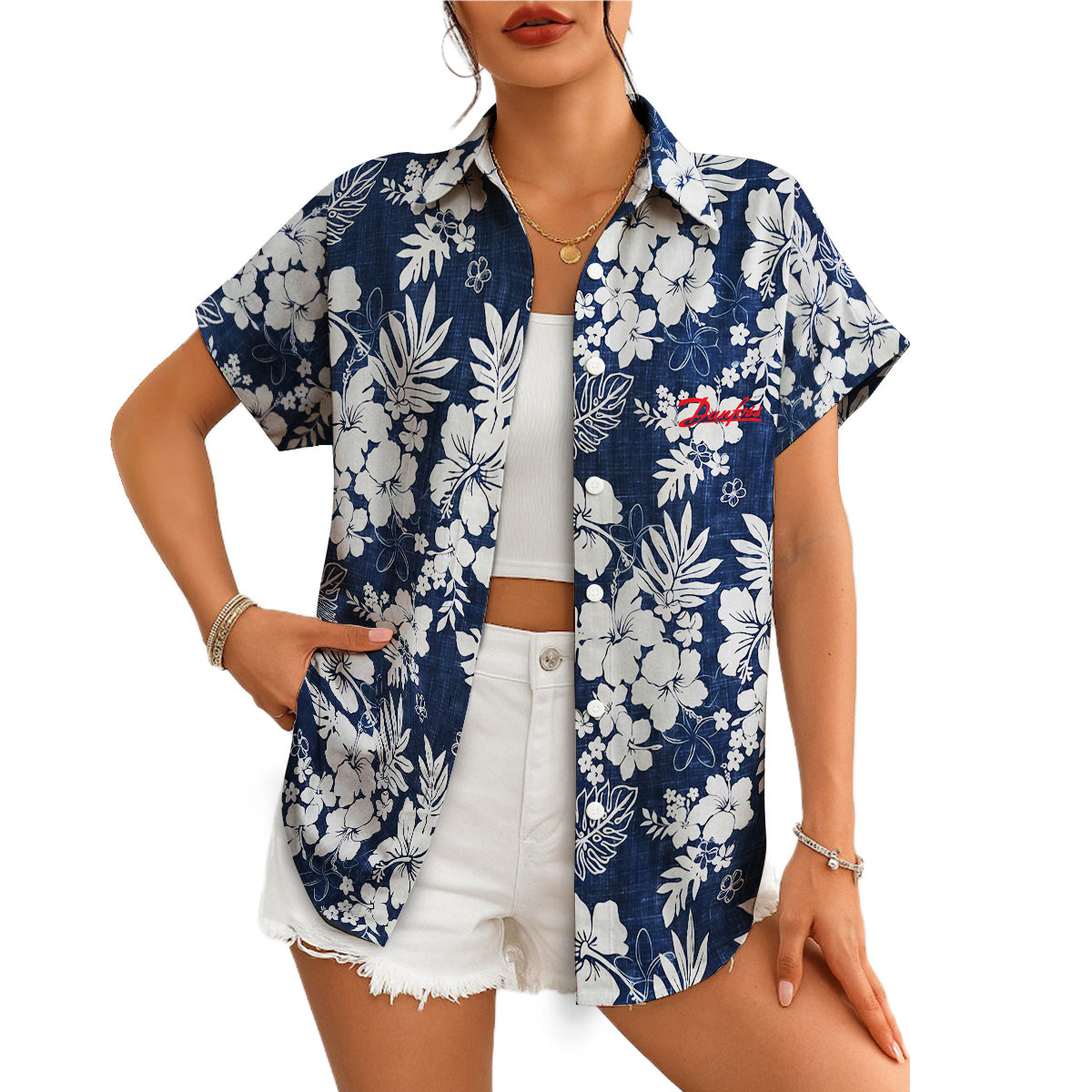 Navy blue Danfoss Hawaiian shirt white hibiscus pattern variant 6