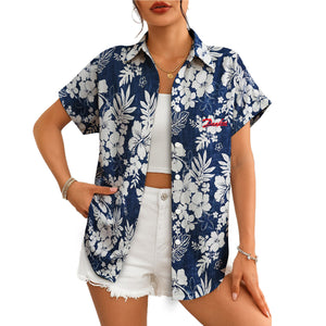 Navy blue Danfoss Hawaiian shirt white hibiscus pattern variant 6