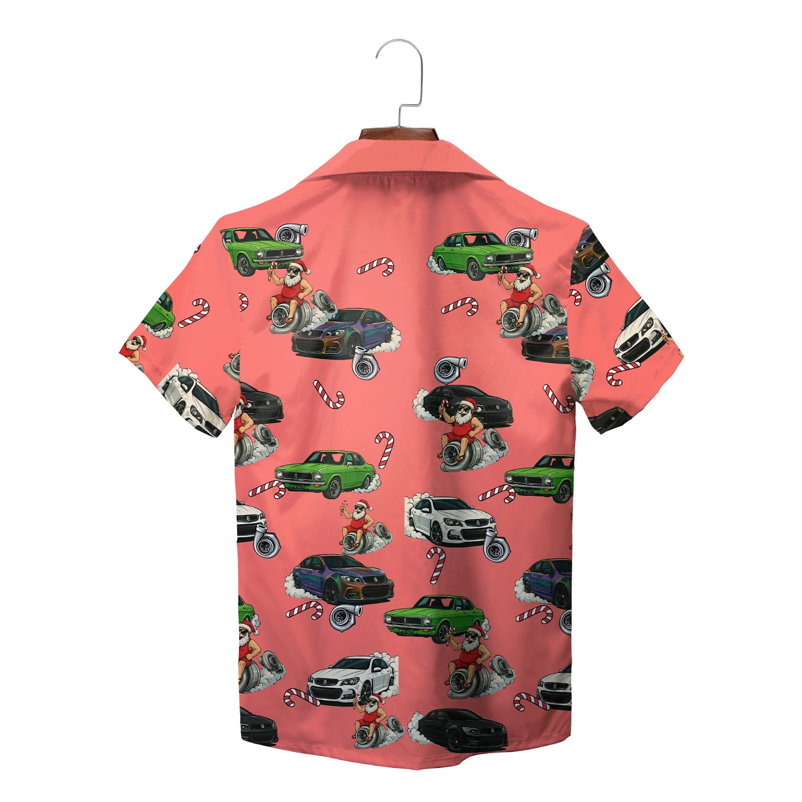 Coral Hawaiian shirt with cars candy canes and Santa on hanger variant 2
