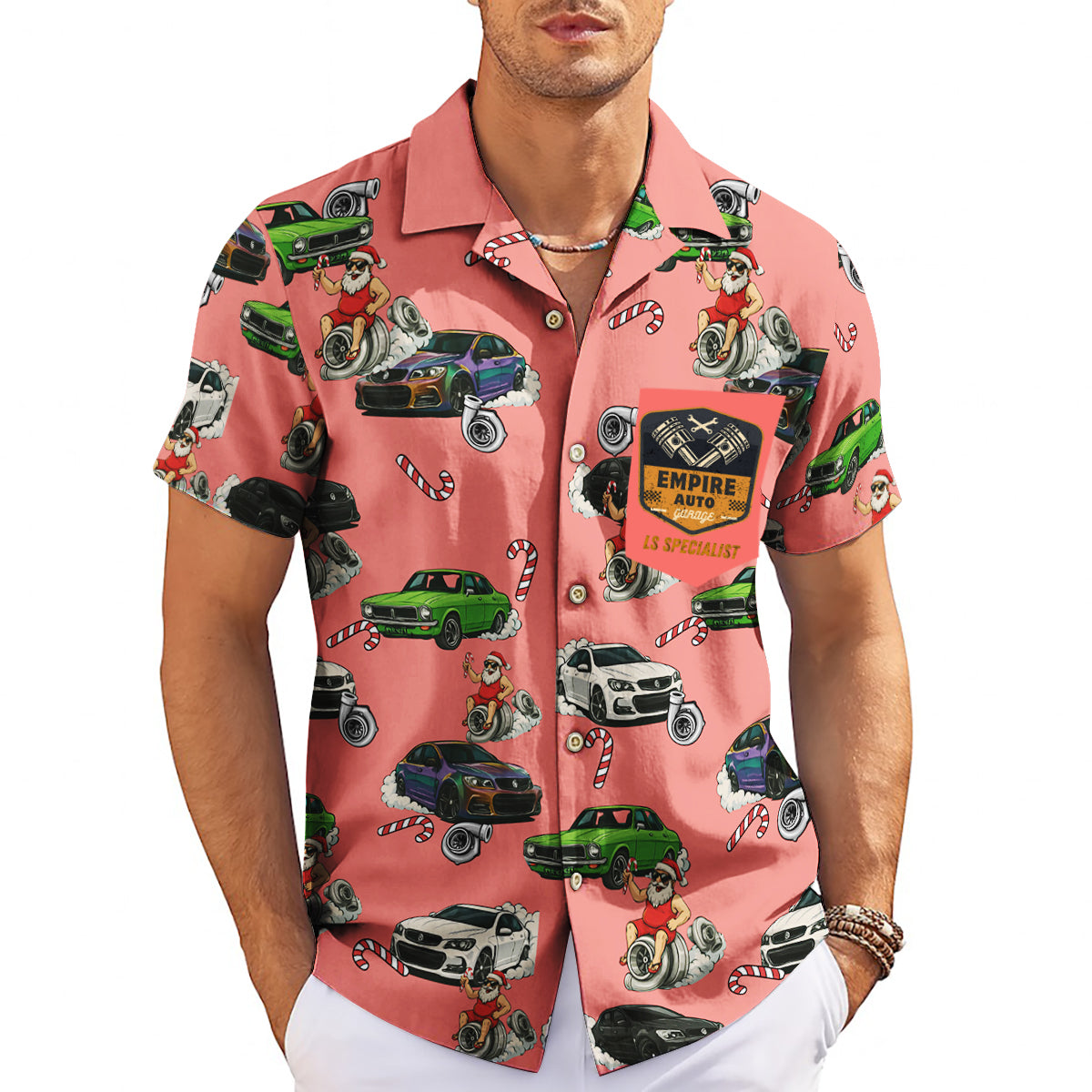 Coral Hawaiian shirt with cars candy canes and Santa on hanger variant 3