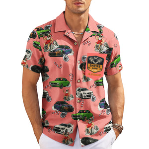 Coral Hawaiian shirt with cars candy canes and Santa on hanger variant 3