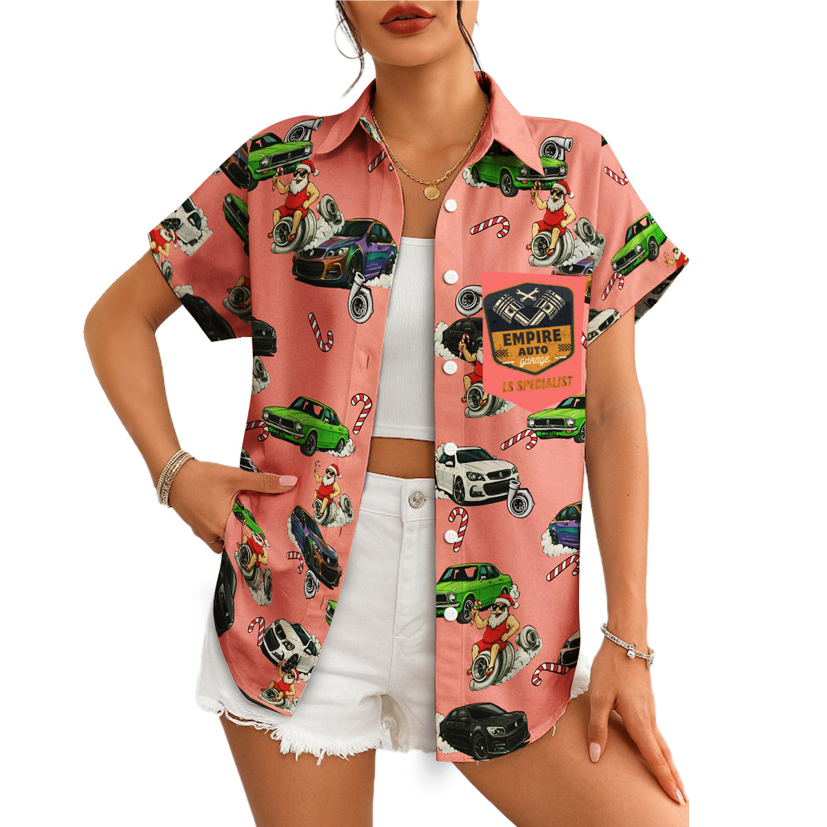Coral Hawaiian shirt with cars candy canes and Santa on hanger variant 4