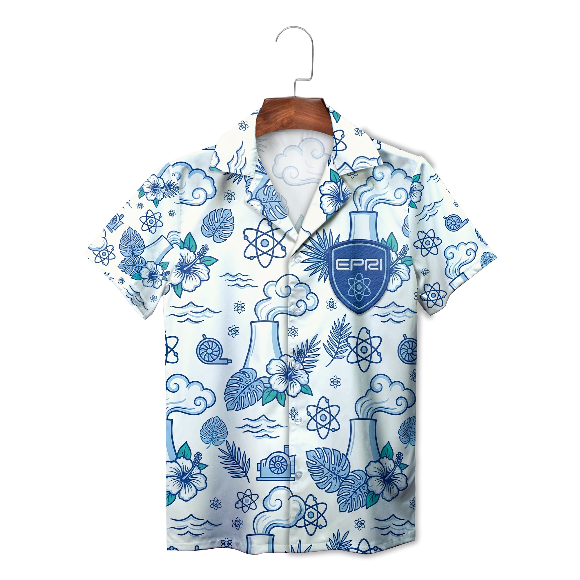 Blue nuclear plant atom hibiscus pattern EPRI Hawaiian shirt
