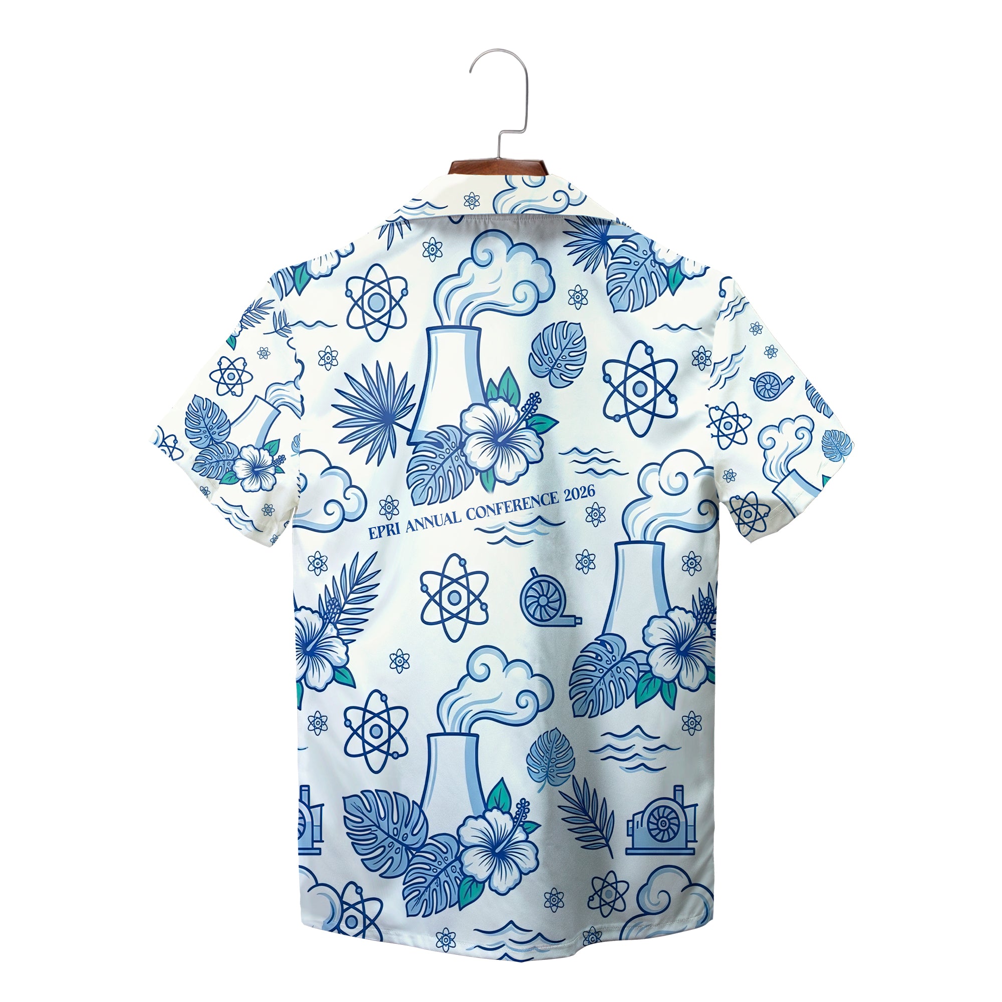 Blue nuclear plant atom hibiscus pattern EPRI Hawaiian shirt variant 2