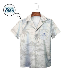 Cream camp shirt showing line-drawn palms volcanic isle