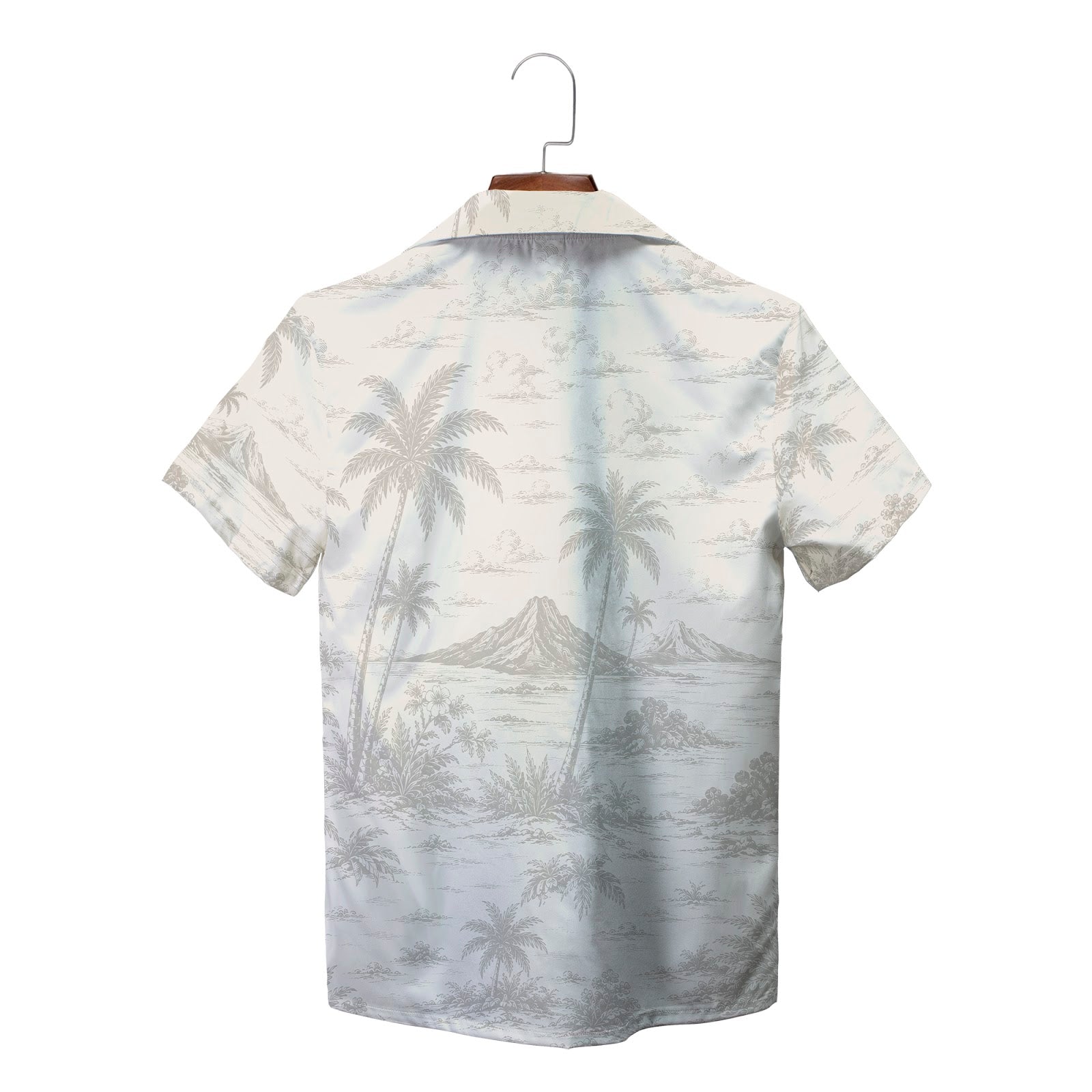 Cream camp shirt showing line-drawn palms volcanic isle variant 2