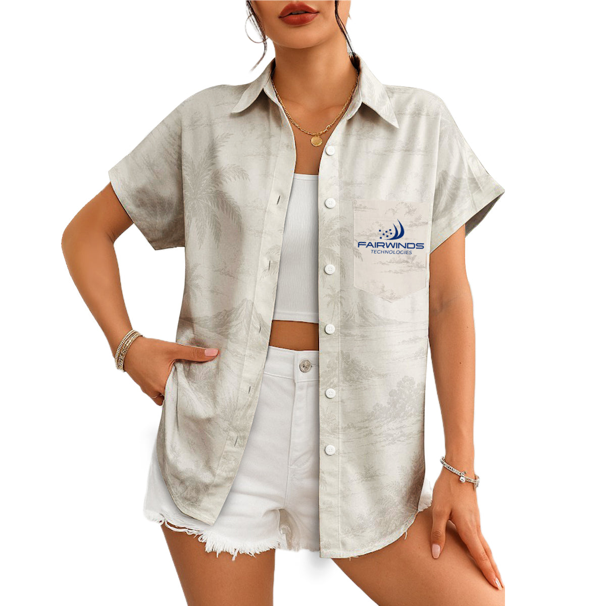 Cream camp shirt showing line-drawn palms volcanic isle variant 4