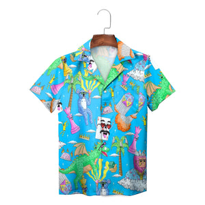 Blue Hawaiian shirt with dragons dice chess pieces palm trees