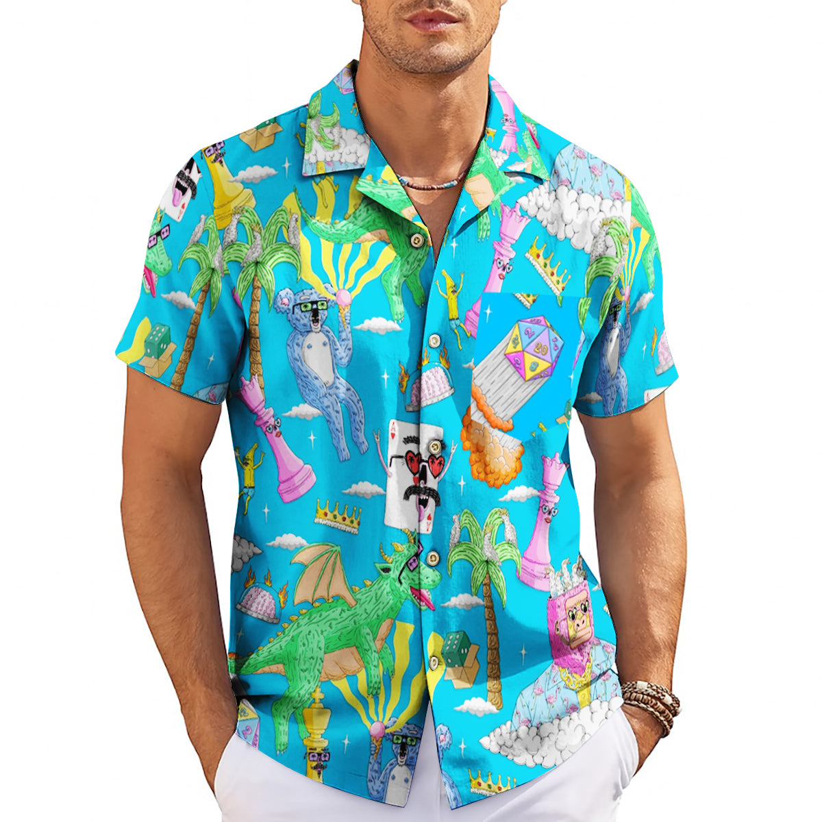 Blue Hawaiian shirt with dragons dice chess pieces palm trees variant 3
