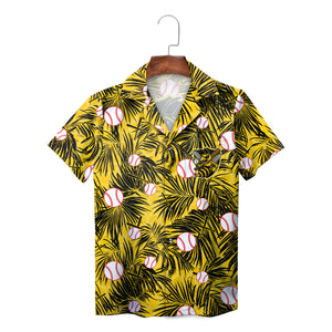 Yellow aloha shirt featuring black palm fronds baseballs bee crest