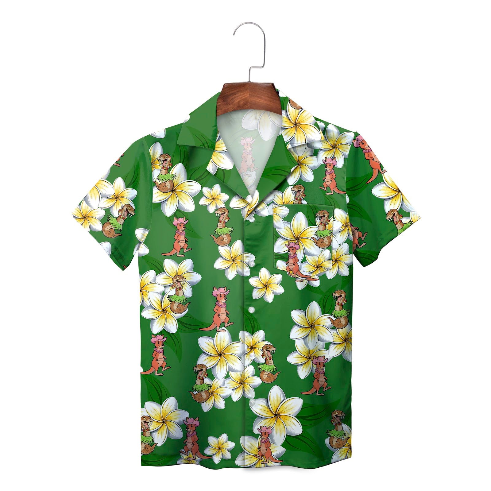 Green Hawaiian shirt with plumeria flowers kangaroos and dinosaurs