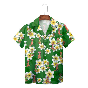 Green Hawaiian shirt with plumeria flowers kangaroos and dinosaurs