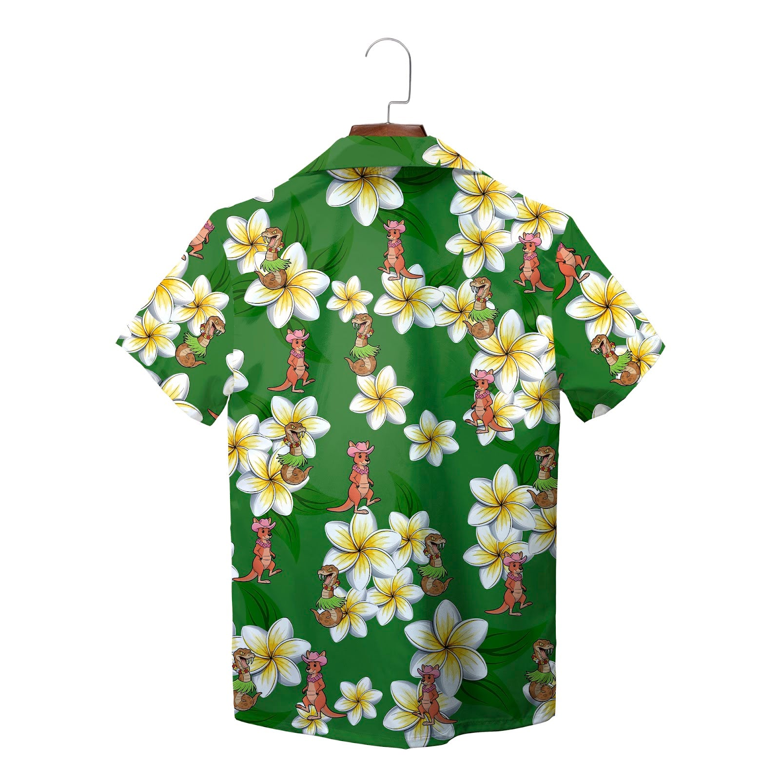 Green Hawaiian shirt with plumeria flowers kangaroos and dinosaurs variant 2