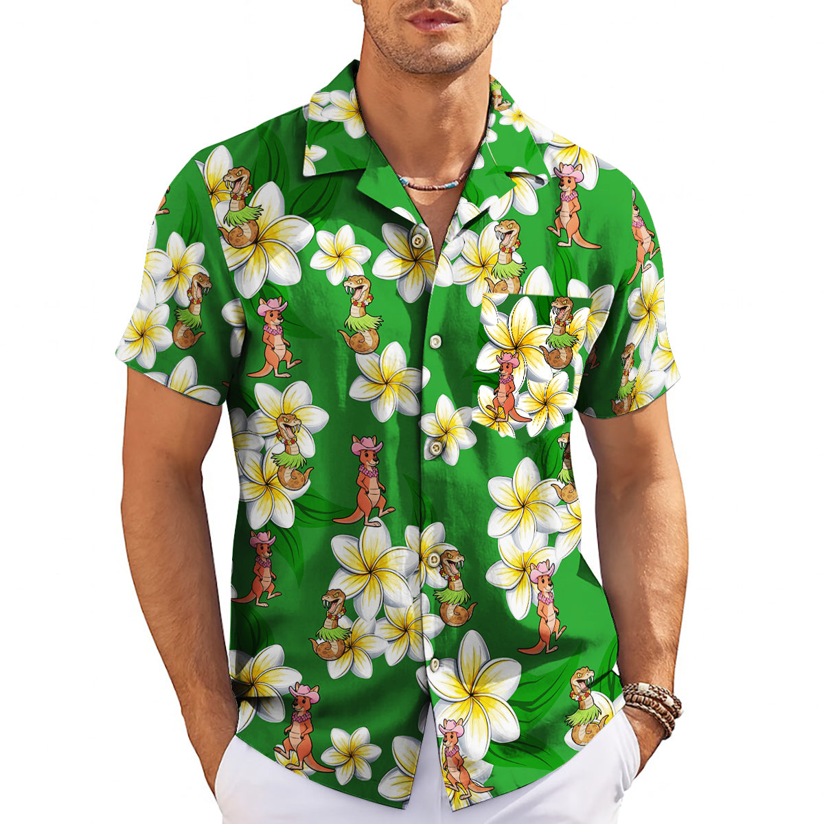 Green Hawaiian shirt with plumeria flowers kangaroos and dinosaurs variant 3