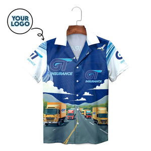 Blue corporate Hawaiian shirt with trucks and GT Insurance logo