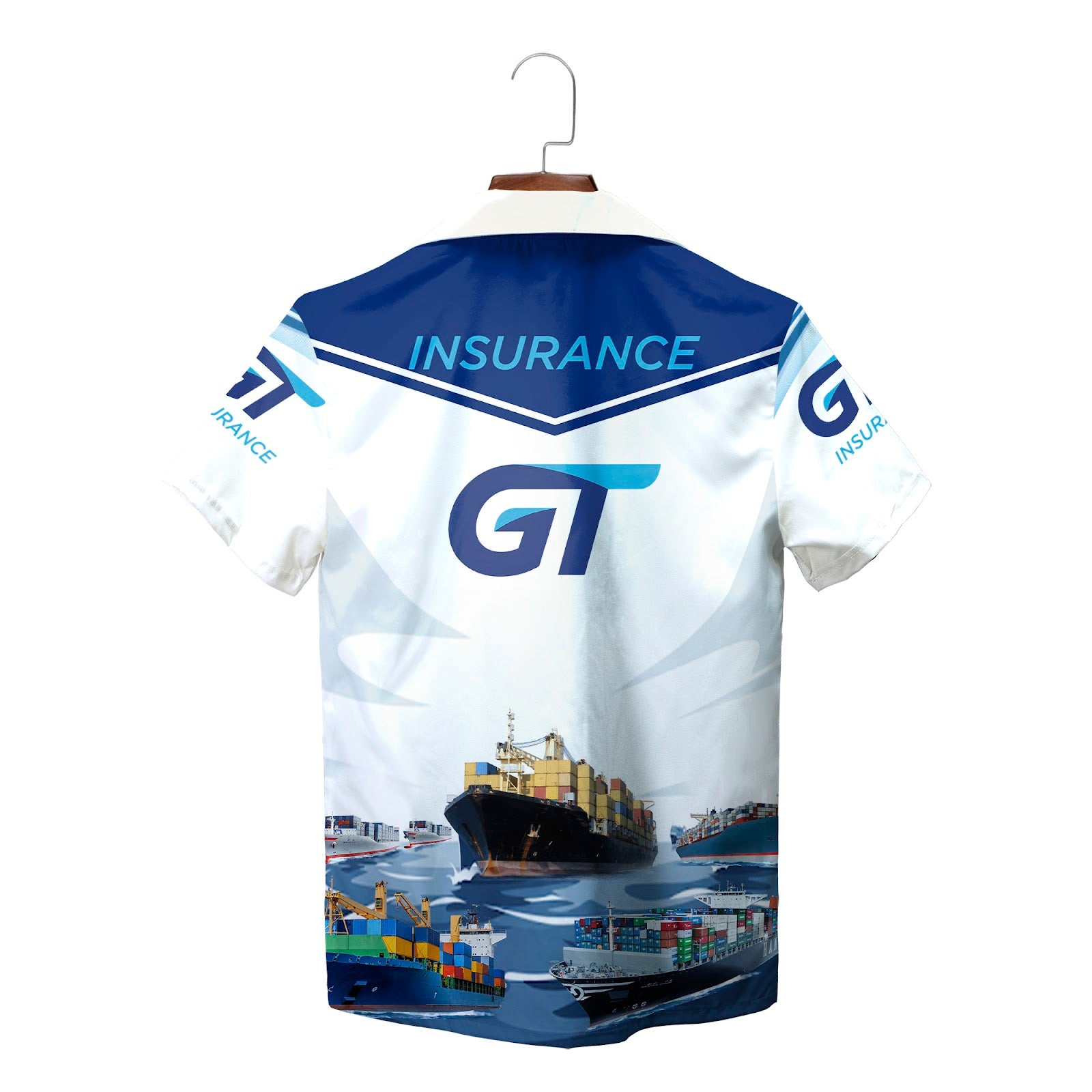 Blue corporate Hawaiian shirt with trucks and GT Insurance logo variant 2
