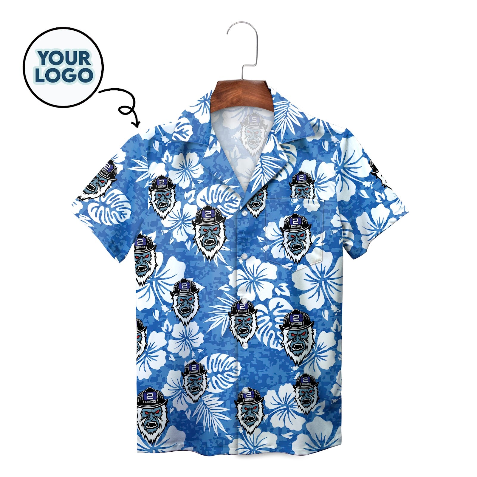 Blue floral camp shirt featuring fireman gorilla mascot