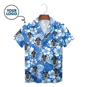 Blue floral camp shirt featuring fireman gorilla mascot