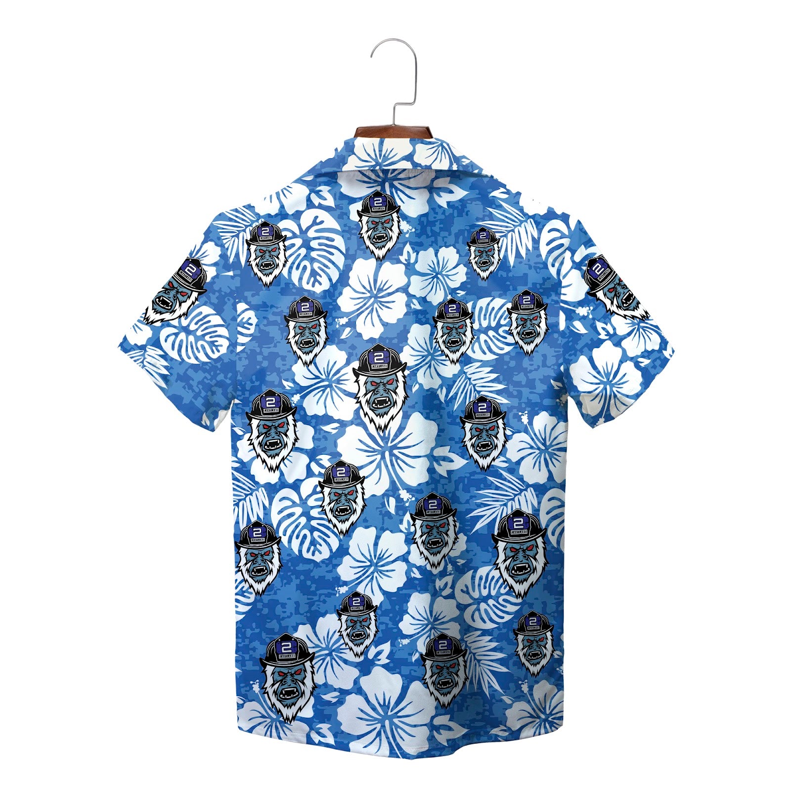 Blue floral camp shirt featuring fireman gorilla mascot variant 2