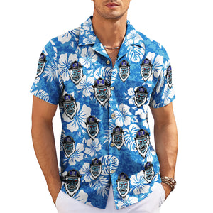 Blue floral camp shirt featuring fireman gorilla mascot variant 3