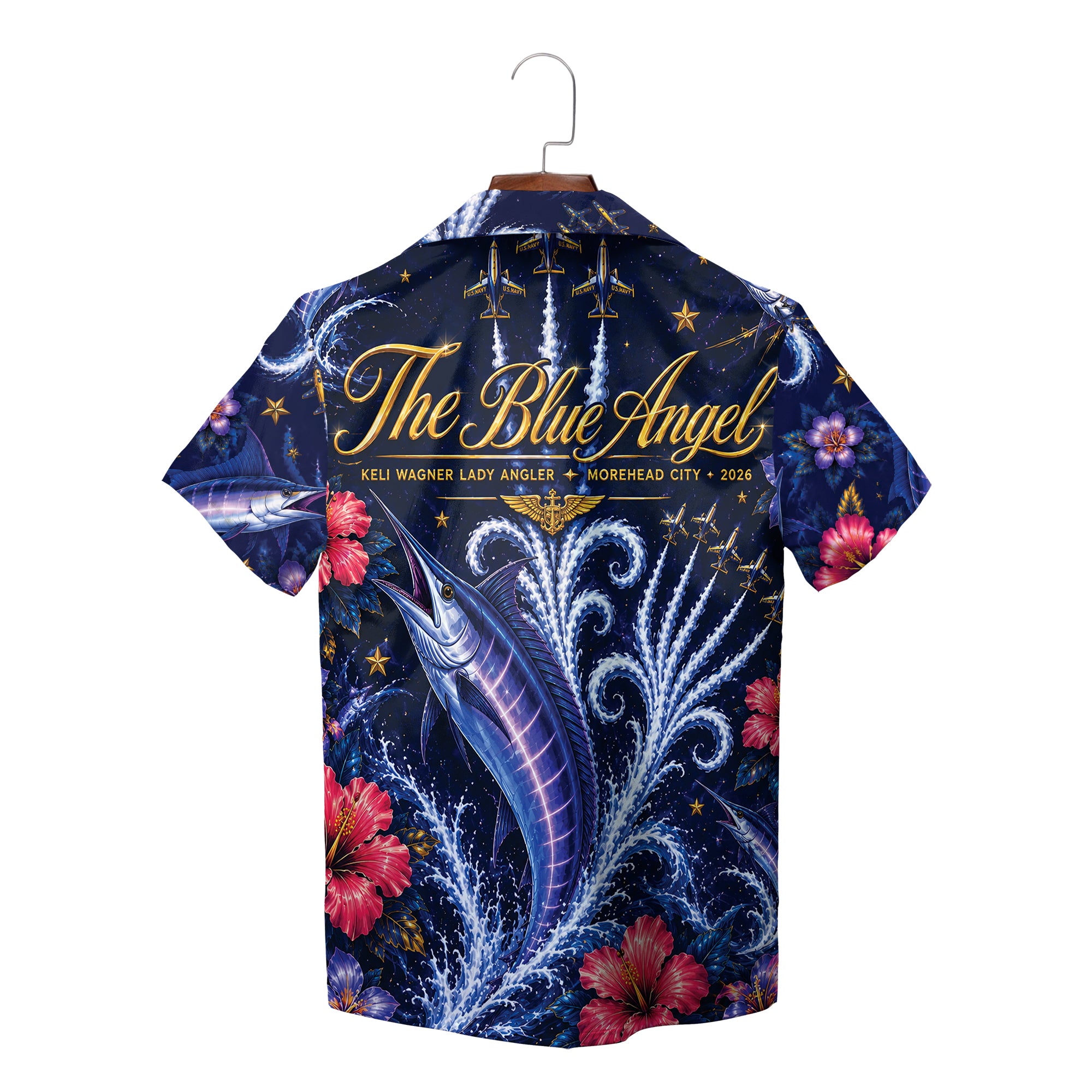 Navy Hawaiian shirt with marlins waves pink hibiscus print variant 2
