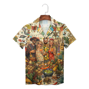 Hawaiian shirt with Mexican party scene cacti sombreros skulls